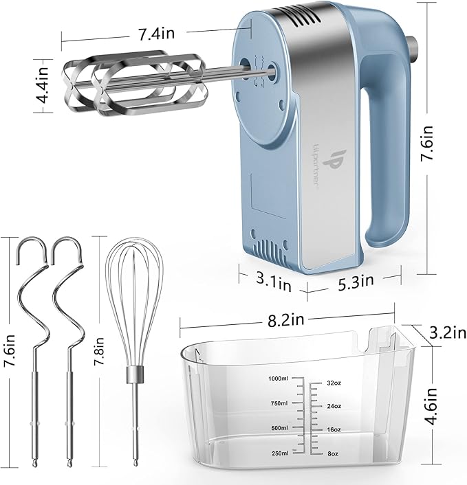 Hand Mixer Electric, 450W Kitchen Mixers with Scale Cup Storage Case, Turbo Boost/Self-Control Speed + 5 Speed + Eject Button + 5 Stainless Steel Accessories, For Easy Whipping Dough, Cream, Blue