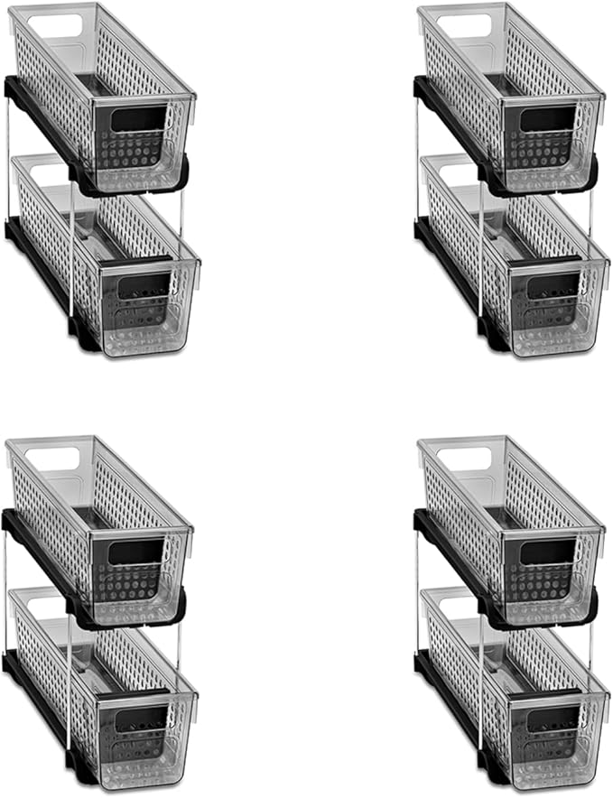 madesmart Mini 2-Tier Organizer, Multi-Purpose Slide-Out Storage with Handles for Home and Bath, Carbon, Pack of 4