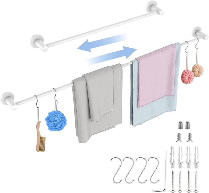 Adjustable Single Bath Towel Bar 23.6 to 42 Inch, ZUEXT Oil Rubbed White Stainless Steel Towel Holder Hanger,Expandable Wall Mounted Towel Rail for Bathroom Kitchen Washroom,1" Tube Towel Rail Racks