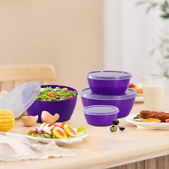 4-Piece Classic Plastic Prep Bowls with Lids, Nesting Plastic Small Mixing Bowl Set for Mixing, Baking, Prepping, Cooking and Serving Food, Microwave and Dishwasher Safe (Purple)