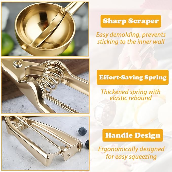 Gold Ice Cream Scoop 304 Stainless Steel Cookie Scoops for Baking Melon Baller with Trigger 3 Sizes (Gold, M)
