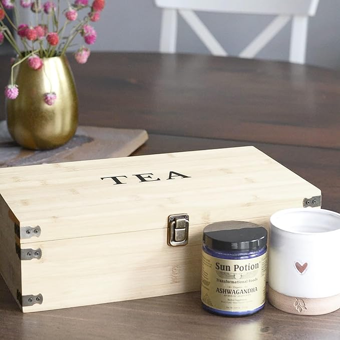 Large Wooden Tea Organizer Box, Big 14" Pine Storage Chest | 8-Slot Tall, Adjustable Shelves | 100% Handmade Craft Eco-Friendly Natural Décor