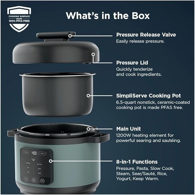HyperHeat 8-in-1 6.5-Qt Pressure Cooker, 1200W Electric Multi Cooker with SimpliServe Nonstick Pot, Pressure Cook, Steam, Slow Cook, Rice, Pasta, Sear/Sauté, Keep Warm, Sage Leaf