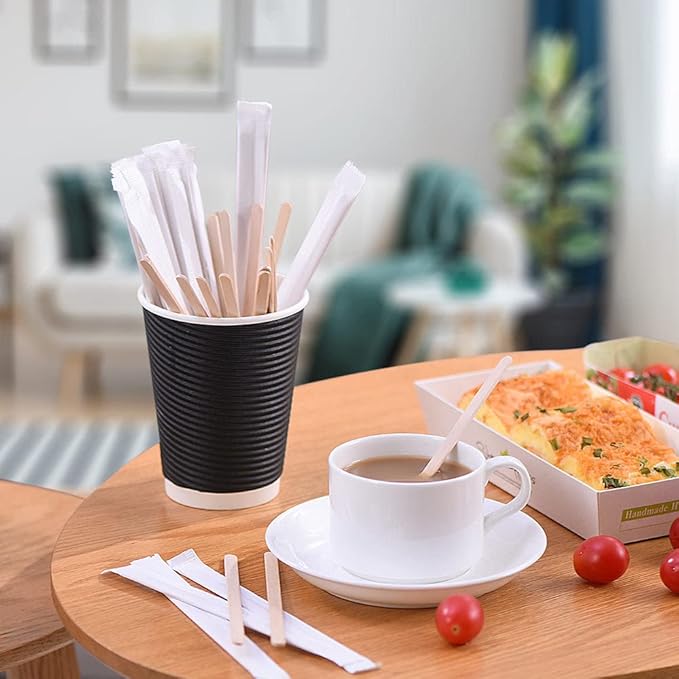MFJUNS 500pcs Individually Wrapped Wooden Coffee Stirrers - 5.5" Coffee Stir Sticks, Round End Disposable Stir Sticks, For Coffee, Cocktail and Hot Drinks