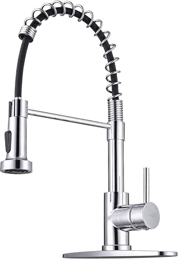 WEWE Chrome Kitchen Faucet, Faucet for Kitchen Sink with Pull Down Sprayer Kitchen Faucet with Deck Plate Stainless Steel Single Handle Spring for Farmhouse Utility Bar Laundry Sinks