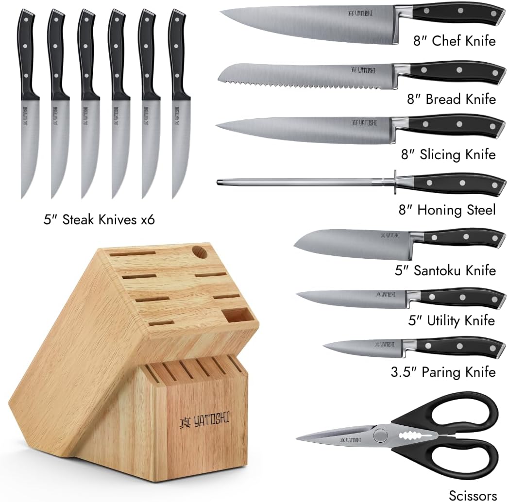 Yatoshi 15 Piece Black Knife Block Set - Pro Kitchen Knife Set Ultra Sharp High Carbon Stainless Steel with Ergonomic Handle
