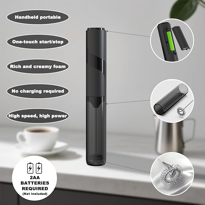 Handheld Milk Frother with Cover- 15-Second Silent Drink Mixer, Travel-Ready with ABS Sleeve, Battery-Powered for Coffee, Matcha & Shakes