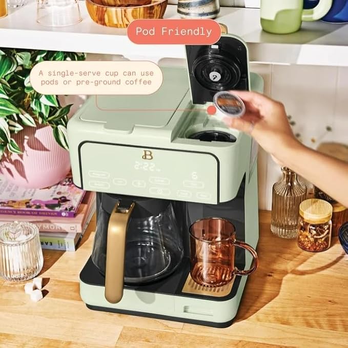 Beauti Multi Brew 12 Cup Programmable Drip & Single Serve Coffee Maker, Versatile Brewing (6oz, 8oz, 10oz, 12oz, 14oz), Pods or Ground, Over Ice option, Keep Warm mode (Sage Green)