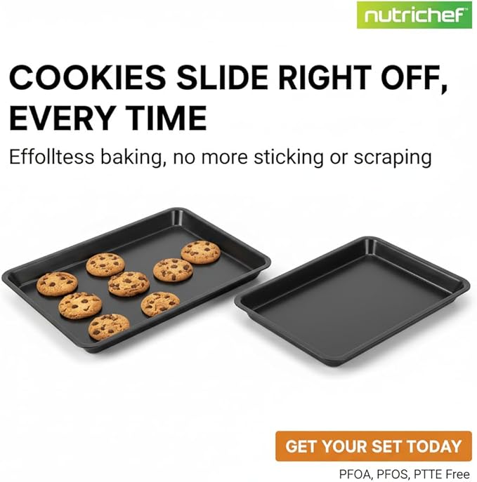 NutriChef 2-Piece Non-Stick Black Cookie Sheets - Versatile & Durable Non-Toxic Carbon Steel Bakeware Sets, Stackable Baking Tray for Cookies, Brownies, Jelly rolls - Oven Safe & Easy Clean