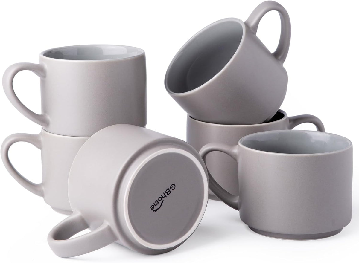 GBHOME 14 OZ Coffee Mugs Set of 6, Stackable Ceramic Mugs for Men, Women, Modern Coffee Mugs With Stable Base for Latte, Tea, Cappuccino. Dishwasher & Microwave Safe, Matte Gray