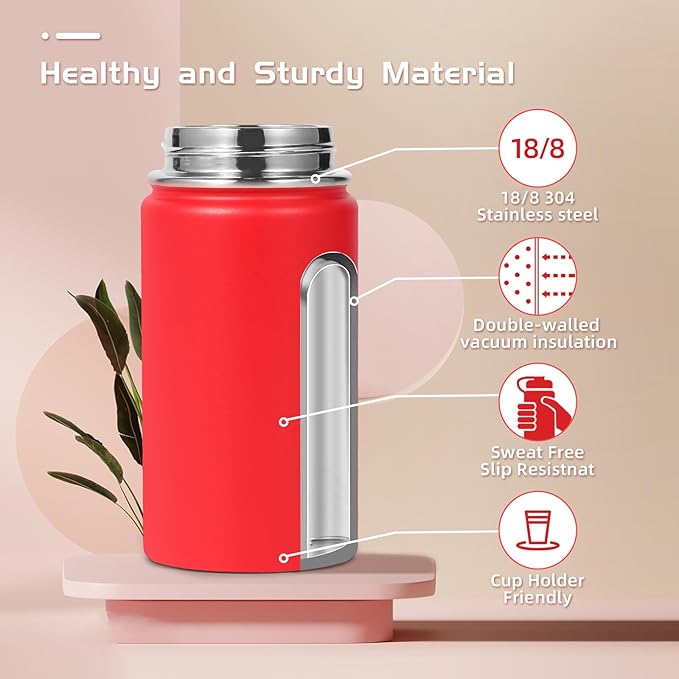 Volhoply 14oz Water Bottle with Straw Lid and Silicone Boot Bulk 2 Pack,Stainless Steel Insulated Cups for Boys & Girls Multipack,Double Wall Vacuum Leakproof KIds Bottles(Red,2)