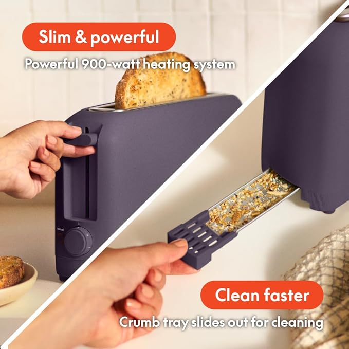 bella 2 Slice Slim Toaster,Fits-anywhere™ Kitchenware,6 Setting Shade Control with Reheat & Cancel Buttons,Fits sourdough,10” Long Slot,Anti Jam & Auto Shutoff,900 Watt,Plum,(Pack of 6)
