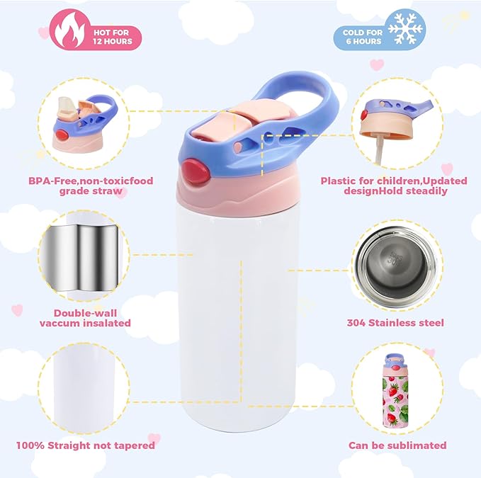 30 Pack 12 OZ Sublimation Straw Sippy Cup Blank Tumblers Double Wall Vacuum Insulated Mixed Color Thermoses Stainless Steel Water Bottles for School