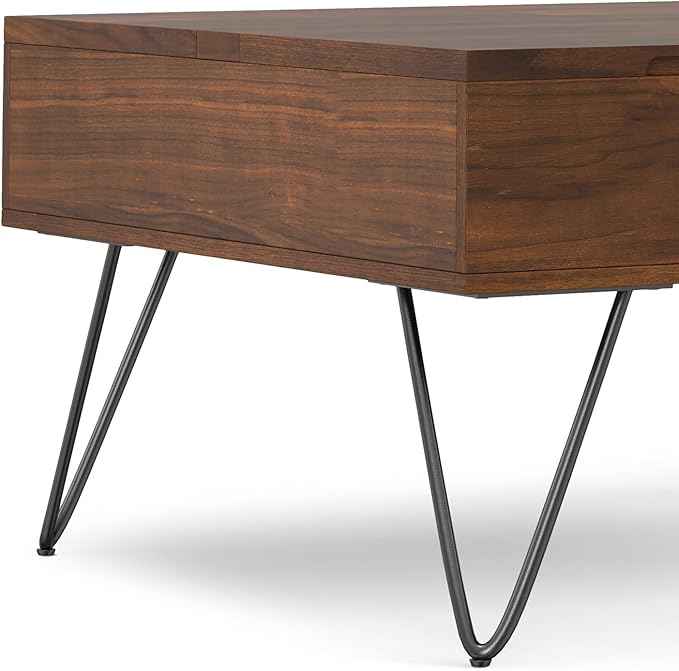 SIMPLIHOME Hunter Lift Top Coffee Table - 32 inch Wide Walnut Veneer and Metal Industrial Square Cocktail Table, Living Room Table with Dual Lift Tops, Hidden Storage and Hairpin Legs