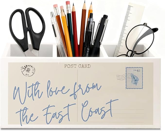 With Love From the East Coast Coastal Wooden Utensils Holder, Vintage Postcard Blue Beachy Wood Cooking Utensil Holder Organizer for Kitchen Countertop Counter Decor Accessories