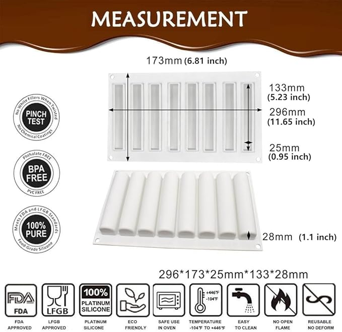 3D Cylindrical Silicone Mold for Baking Mousse,3D Silicone Baking Molds for Cakes French Dessert Mold for Pastry Chocolate Silm Bar Cake Decoration Mold(8-Cavity)