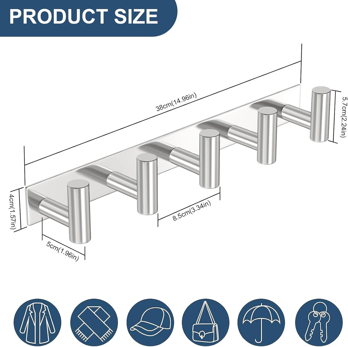 PMMASTO Coat Rack Wall Mounted, 5 "T Shaped Wall Hooks for Hanging, Heavy Duty Stainless Steel Coat Hook Rail for Hat Towel Robes in Bathroom Kitchen Mudroom Entryway (Silver, 2 Pack)