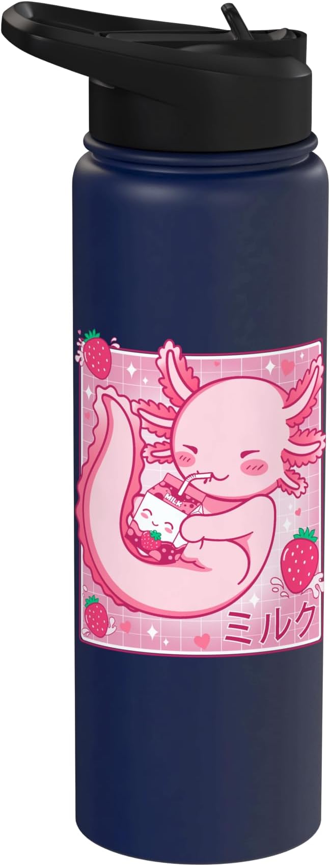 Kawaii Axolotl Strawberry Milk Shake Carton Japanese Anime Stainless Steel Insulated Water Bottle