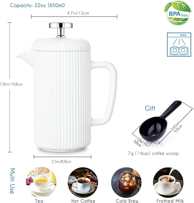 Easyworkz Porcelain French Press 22 fl oz, Coffee Tea Maker with Stainless Steel Plunger, Ivory