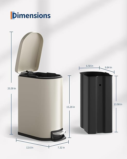 2.6 Gallon Bathroom Trash Can with Lid, Slim Step Pedal Garbage Bin, Stainless Steel Wastebasket with Soft-Close Lid, Removable Inner Bucket & Rear Handle for Bathroom, Office & Small Spaces-Beige
