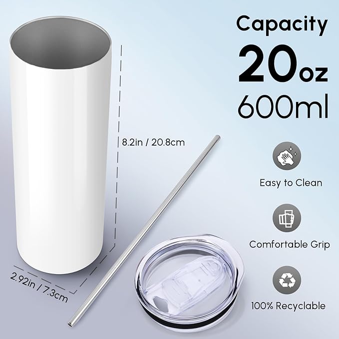 Volhoply 20 oz Skinny Sublimation Tumbler with Lid and Straw, Stainless Steel Straight Tumblers Cup, Vacuum Insulated Coffee Mug for Home, Office, Travel, DIY (Sublimation,1 Pack)