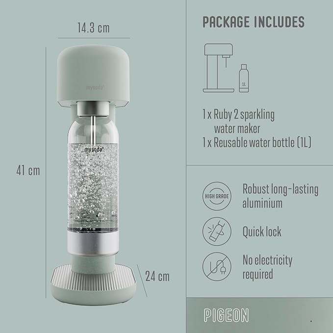 Mysoda Ruby 2 Carbonated Water Maker - Silent and Long-Lasting Aluminium Soda Maker with 1L Water Bottle - Without CO2 Cylinder - Pigeon