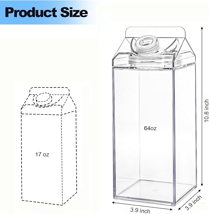 Bekith 2 Pack 64 Oz Large Milk Carton Water Bottle, Clear Plastic Milk Bottle with Cleaning Brush, Portable Leakproof Square Juice Bottle Reusable Milk Container for Outdoor Sports Travel Camping