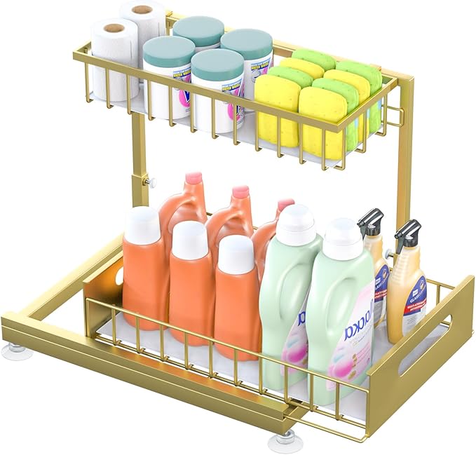Saydear Under Sink Organizer Storage 2-Tier Premium Metal Pull-Out Kitchen Cabinet Organizer with Sliding Drawer, Height Adjustable, Heavy Duty for Kitchen & Bathroom Organizers 1 Pack Gold