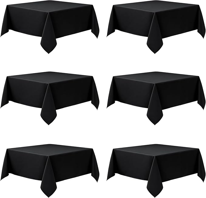 6-Pack Black Tablecloths for Square Tables, 54 x 54 Inches, Stain-Resistant Polyester Fabric for 2 Foot Tables - Washable Table Covers for Weddings, Banquets, Birthday Parties, Events