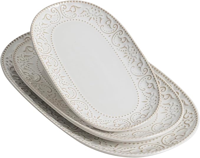 Serving Platters Set, 14"/12"/10" Oval Ceramic Serving Plates, Embossed Serving Trays for Party, Oven Dishwasher Safe, Vintage White Serving Dishes for Entertaining, Appetizers, Pasta, Sushi