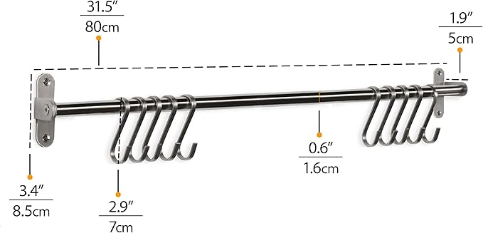 Wallniture Lyon 31.5" Wall Mount Kitchen Utensil Holder With 10 S Hooks For Hanging Pots and Pans Set