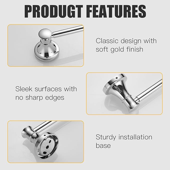 BESy Adjustable 16 to 26 Inch Bath Towel Bar Rack for Bathroom Towel Holder, Wall Mounted Towel Bar Rod Hanger Bathroom Hardware Accessories Hotel Style, Stainless Steel, Polished Chrome