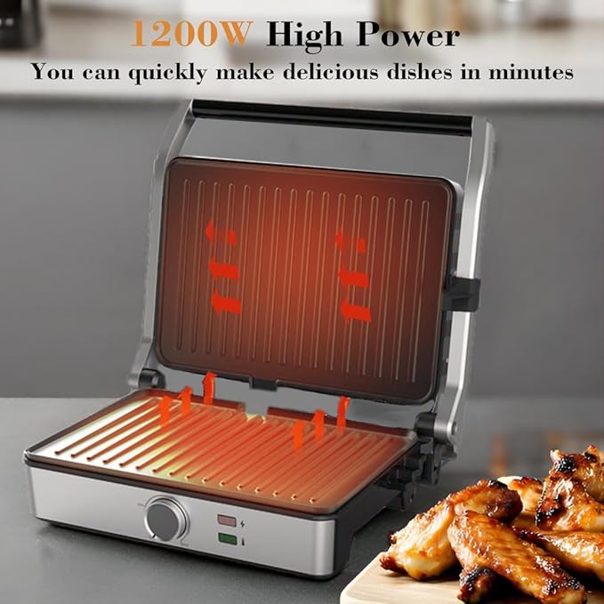 Panini Press, Electric Sandwich Press Grill, Open 180 Degrees, Electric Grill Indoor, Perfect for Grilling Sandwich, Steak, Burger, Adjustable Temperature Control, Non Stick Coating,GT60