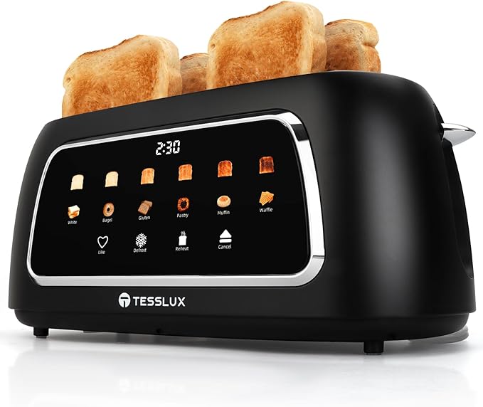Tesslux 4 Slice Toaster with Touch Screen Control, 1.5" Wide Long Slots, 6 Browning Levels & 6 Bread Types, Digital Timer, Memory, Defrost, Reheat (BLACK)