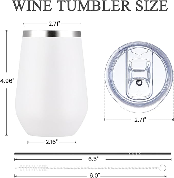 MEWAY 12oz Insulated Wine Tumbler - Double Wall Stainless Steel Stemless Glasses with Lids, Wine cups, Gift for Family and Gifts, Prizes for adults(White,1)