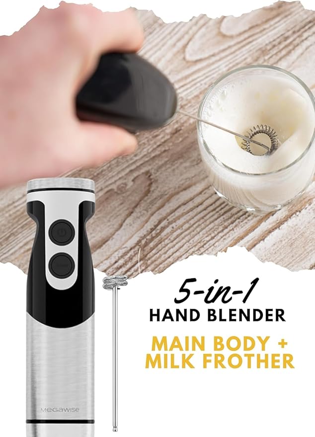 MegaWise Pro Titanium Reinforced 5-in-1 Immersion Hand Blender, Powerful Motor with 80% Sharper Blades, 12-Speed Corded Blender (Black)