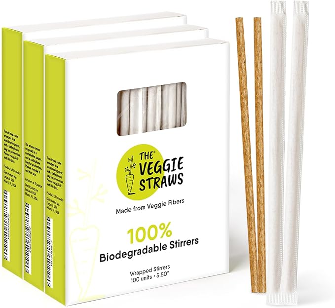 100% Biodegradable Individually Wrapped Cocktail Stirrers – 300 PCS of 5.50 Inches Premium Quality Disposable Coffee Stirrers, Best Biodegradable Stirrers for All Drinks – By The Veggie Straws