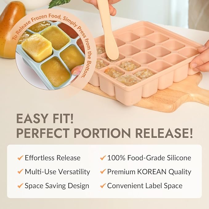 Baby Food Storage Silicone Cubes with Clip-On Lid Freezer Tray Baby Food Soups Purees Ice Easy and Safe Design Made in Korea(12 Sand Beige)