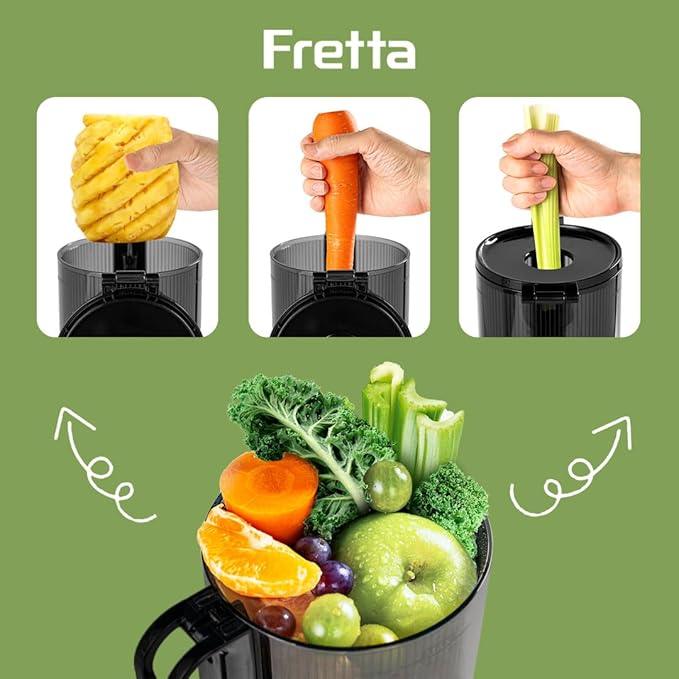 Juicer Machines,Fretta Compact Cold Press Juicer with PCTG Material from US,Fit Whole Fruits & Vegetables,BPA-Free, Easy to Clean (Pure Black, 1.0 L)