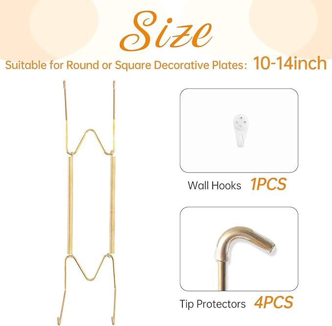 Plate Hangers for The Wall, Suitable for 10-14 inch Decorative Plate, Stainless Steel Wire Plate Holder with Wall Hooks and Rubber tip Protectors, Plate Hangers for Displaying Plates, Platter, Gold