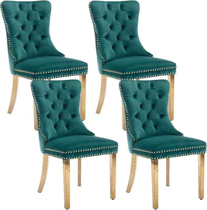 Velvet Dining Room Chairs Set of 4, Upholstered Dining Chairs with Back Ring Pull Trim and Golden Stainless Steel Legs,Modern Dining Chair Perfect for Dining Room,Living Room,Kitchen(Green)