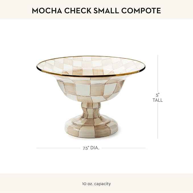 MACKENZIE-CHILDS Enamel Compote, Cute Enamel Pedestal Serving Dish or Decorative Bowl, Small, Brown-and-White Mocha Check