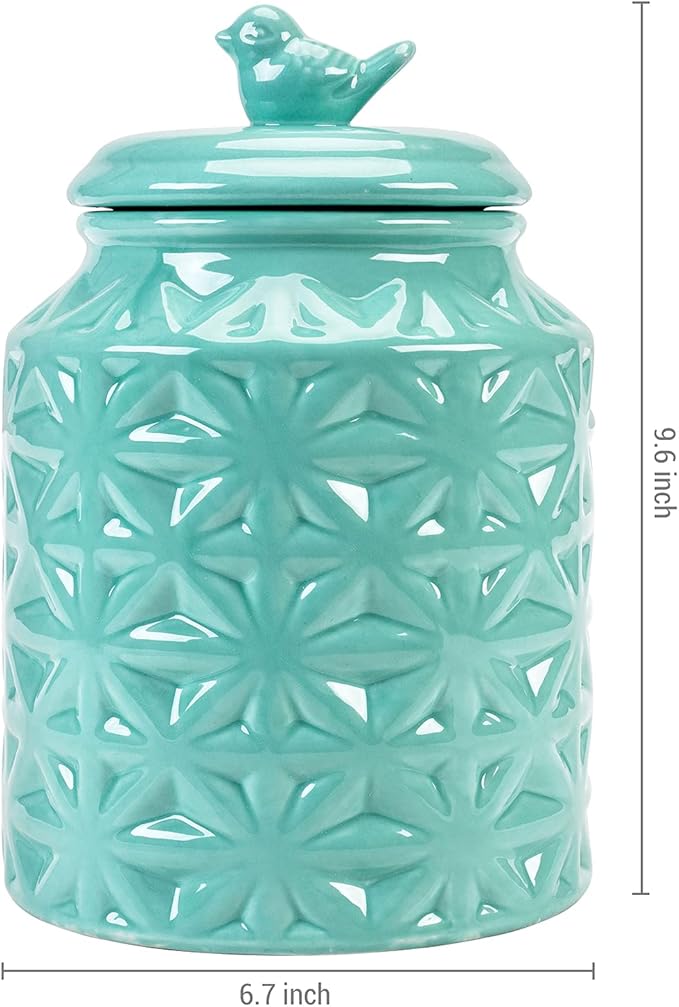 MyGift Vintage Turquoise Ceramic Kitchen Jar with Lid, Cookie Jar Storage Containers Airtight with Embossed Star and Bird Design