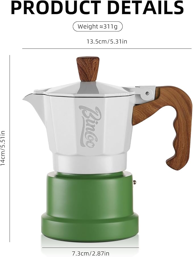 Bincoo Espresso Maker Stovetop,Camping Moka Pot 2 Cup/120ML,Stove Top Espresso Italian Coffee Maker,Easy to Use (White-green)