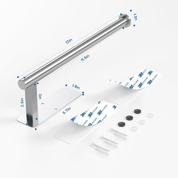 ASTOFLI Paper Towel Holder Under Cabinet No Drilling, Self Adhesive Paper Towel Holder Wall Mount for Kitchen Rack, Under Counter Napin Holder No Drill, RV, 304 Stainless Steel, Silver