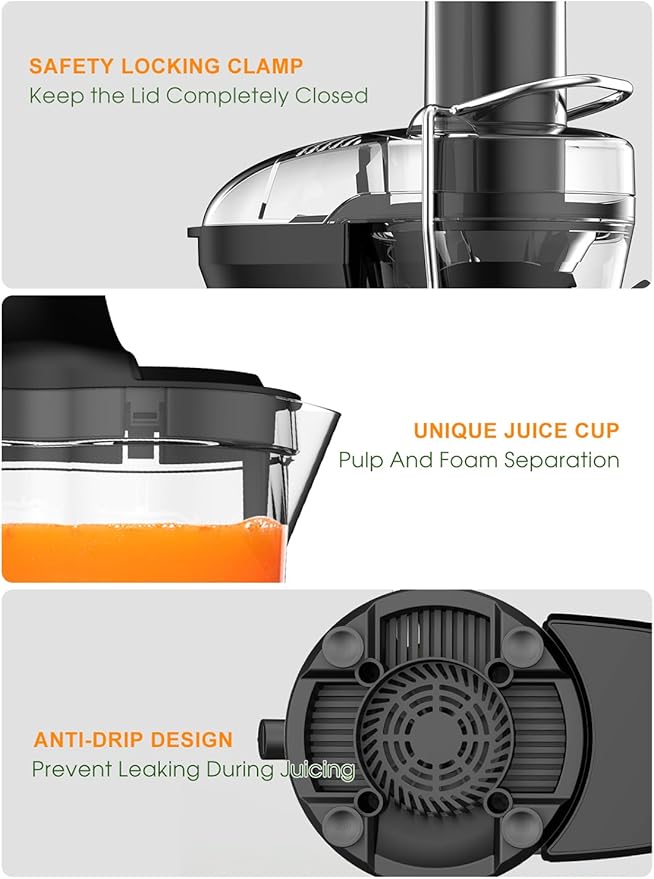 Juicer Machine, 1200W Juicer with 3" Feed Chute for Whole Fruits and Veg, Dual Speeds Centrifugal Juice Extractor, High Juice Yield, Full Copper Motor, Easy to Clean, BPA Free