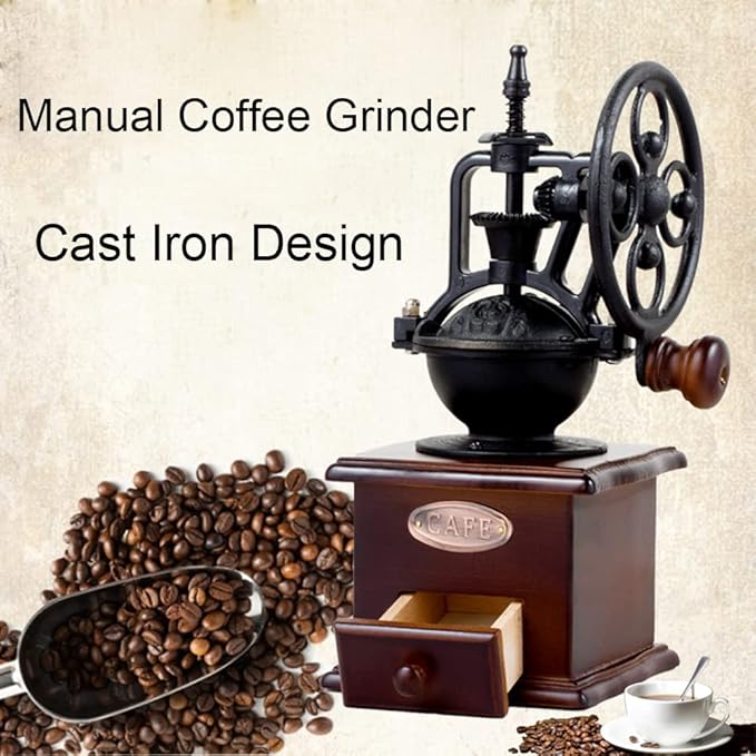 Burr Coffee Grinder, Vintage Style Wooden Hand Grinder, Classic French Press Coffee Mill With Brush