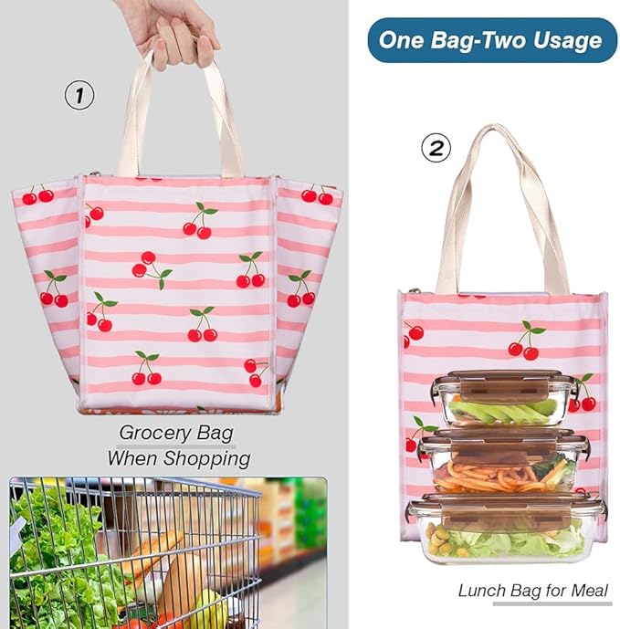 iknoe Insulated Lunch Bag for Women & Adults, 9L Foldable Wide-Open Cooler Bag with Pockets, Leakproof & Portable, for Picnic, Office, Beach(Cherry)