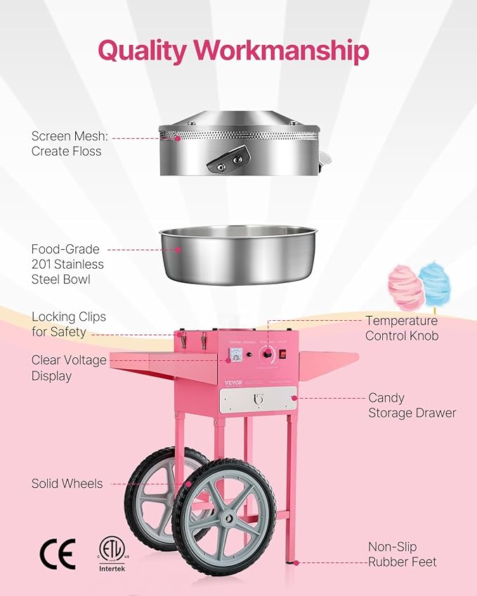 VEVOR Electric Cotton Candy Machine with Cart, 1000W Commercial Candy Floss Maker with 20.5 in Stainless Steel Bowl, Sugar Scoop, and Drawer, Easy to Use, for Home, Kids Birthday, Family Party, Pink