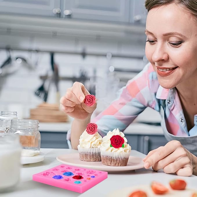 OBTANIM Silicone 21 Cavity Rose Flower Fondant Mold Cake Cupcake Top Decoration Mould for Chocolate Handmade Candy